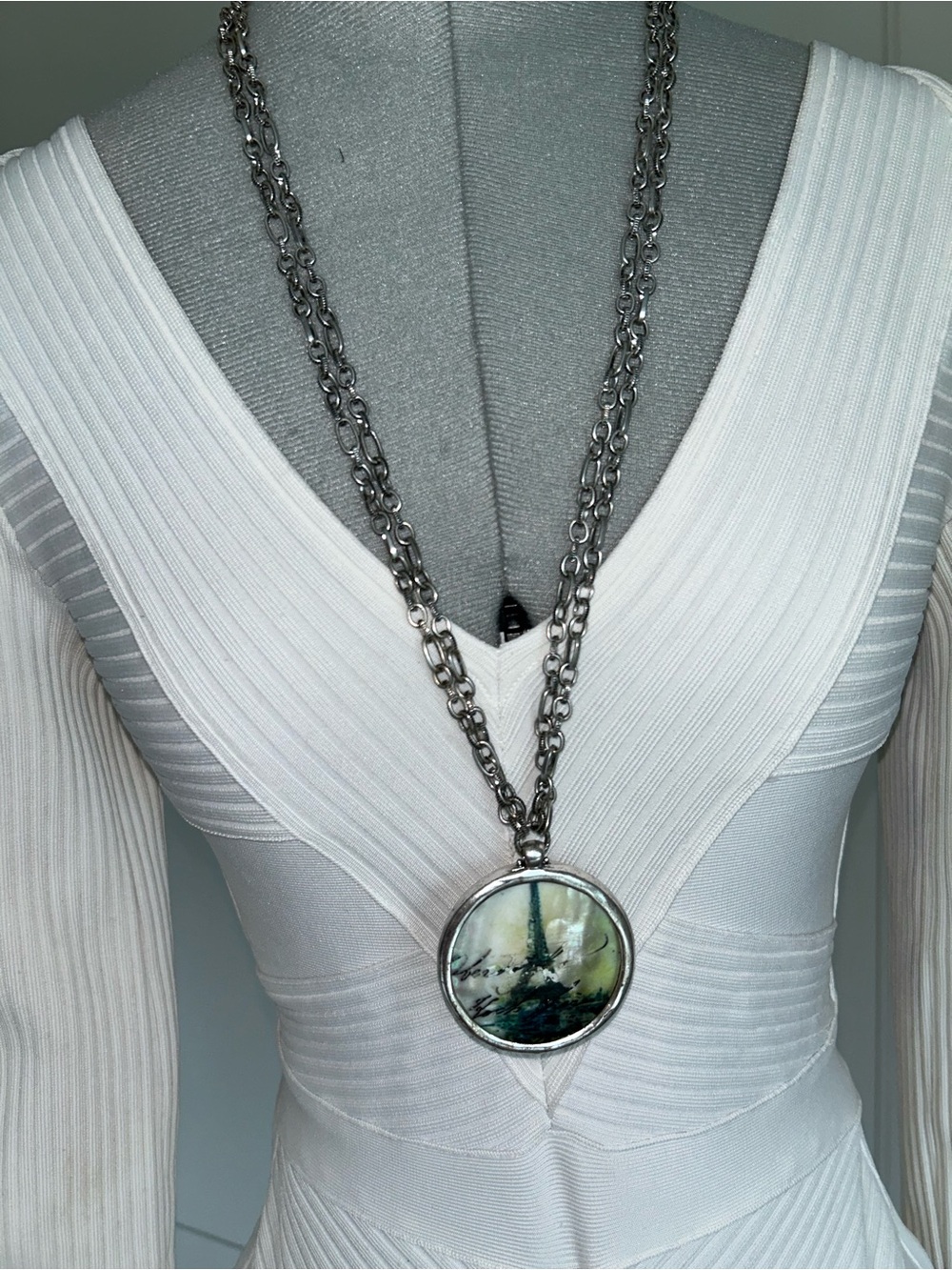 Patricia Nash Silver-Tone Double Chain Necklace with Green and Blue Art Pendant